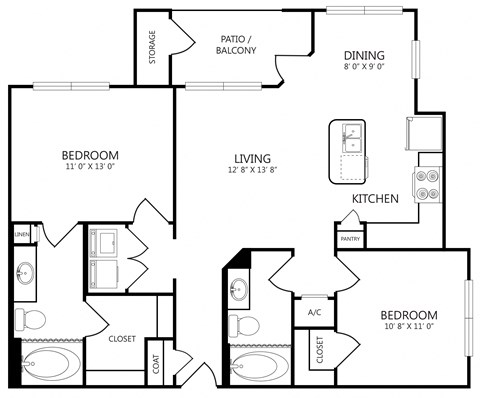 Floor plan for 2 beds, 2 baths, 992 sqft